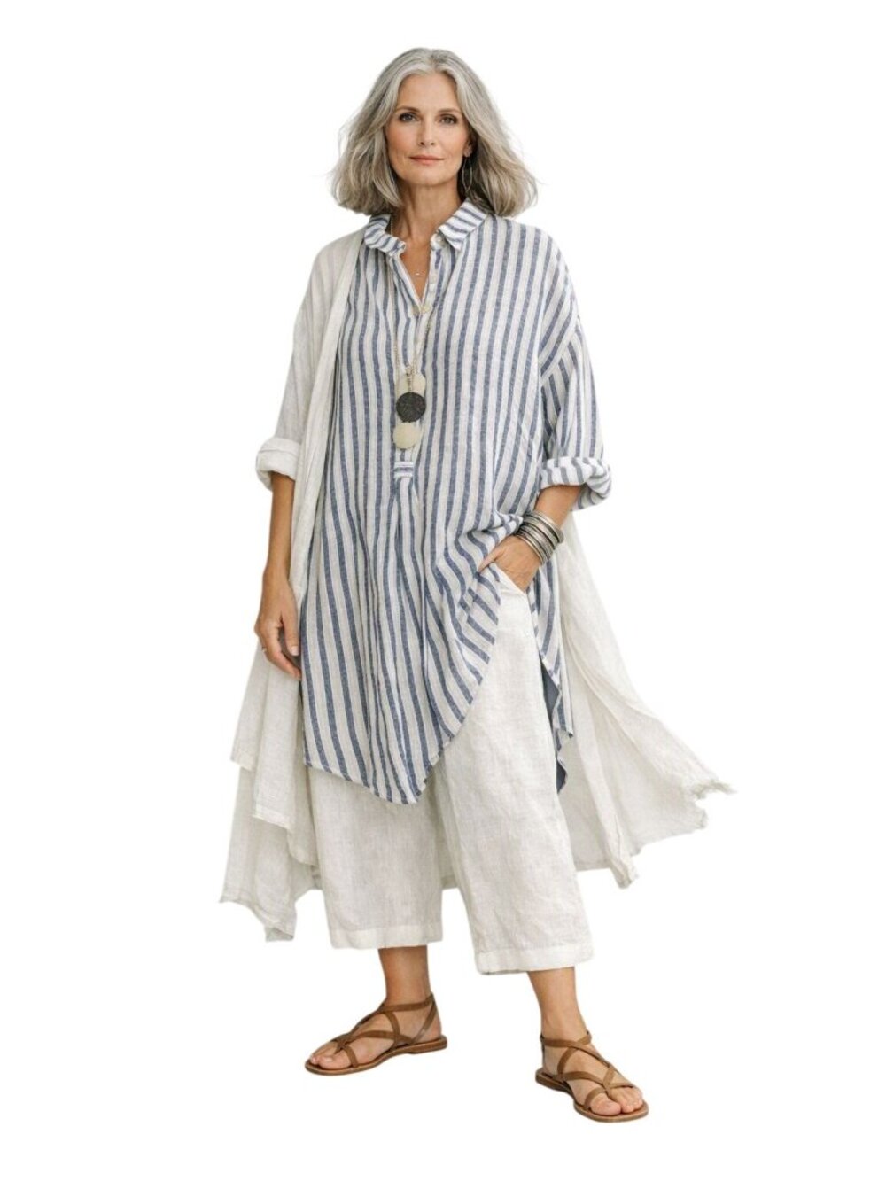 Striped Oversized Relaxed Linen Lagenlook Boxy Shirt Dress Women OS Sustainable